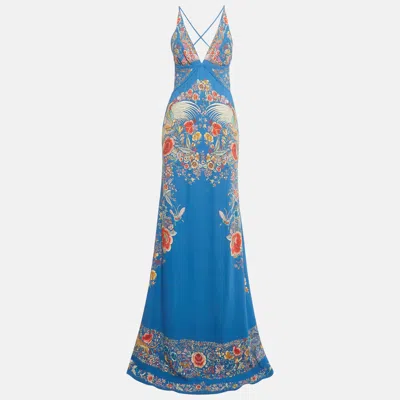Pre-owned Roberto Cavalli Blue Floral Print Jersey Cut-out Maxi Dress M