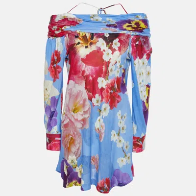 Roberto Cavalli Blue Floral Print Knit Off-the-shoulder Top In Multi