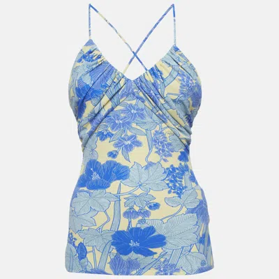 Pre-owned Roberto Cavalli Blue Floral Printed Jersey Cross Back Camisole M