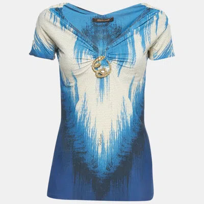 Pre-owned Roberto Cavalli Blue /ivory Printed Jersey Snake Brooch Detail Top M