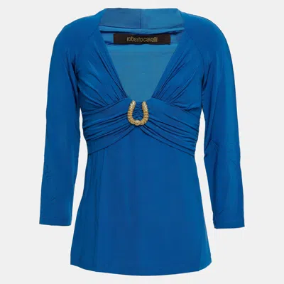 Pre-owned Roberto Cavalli Blue Jersey 3 Brooch Detail Top M (it 44)