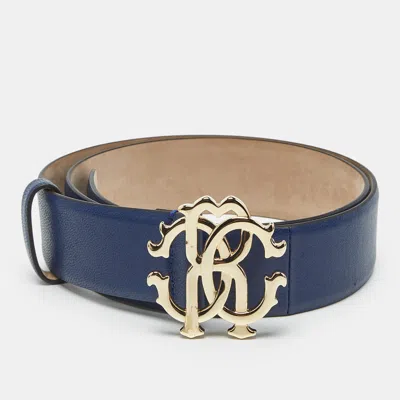 Pre-owned Roberto Cavalli Blue Leather Rc Logo Buckle Belt 90cm