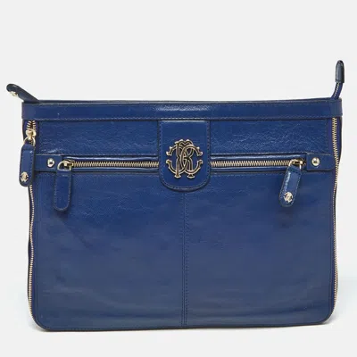 Roberto Cavalli Blue Leather Rc Zip Around Clutch In White