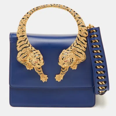 Pre-owned Roberto Cavalli Blue Leather Roar Crystal Embellished Top Handle Bag