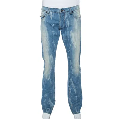 Roberto Cavalli Blue Light Wash Denim Distressed Pattern Jeans In Multi