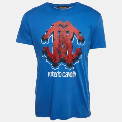 Pre-owned Roberto Cavalli Blue Logo Print Crewneck T-shirt L