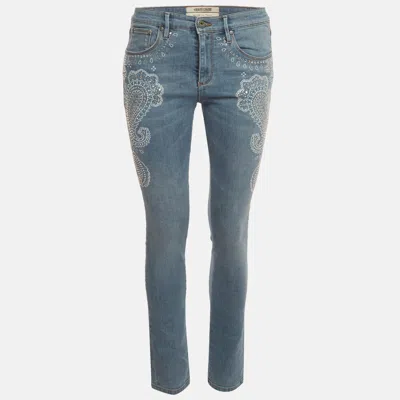 Pre-owned Roberto Cavalli Blue Paisley Crystal Embellished Denim Jeans M/waist 28"