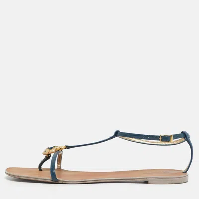 Roberto Cavalli Blue Patent Leather Embellished Thong Flat Sandals