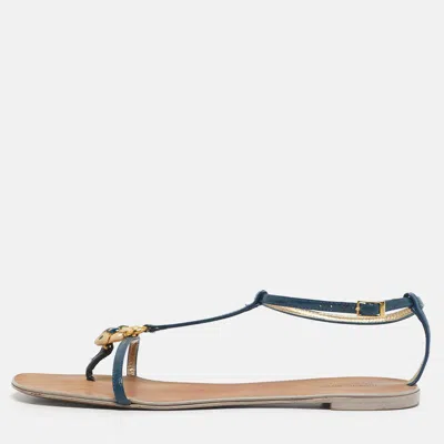 Pre-owned Roberto Cavalli Blue Patent Leather Embellished Thong Flat Sandals Size 39