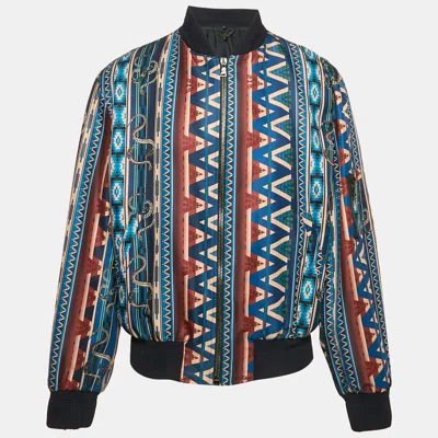 Pre-owned Roberto Cavalli Blue Printed Crepe Zip-up Jacket Xxxl