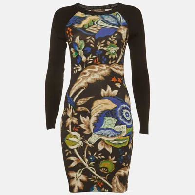 Pre-owned Roberto Cavalli Blue Printed Jersey And Rib Knit Mini Dress S In Black