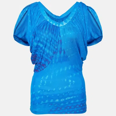 Roberto Cavalli Blue Printed Jersey Draped Sleeve Top In Green