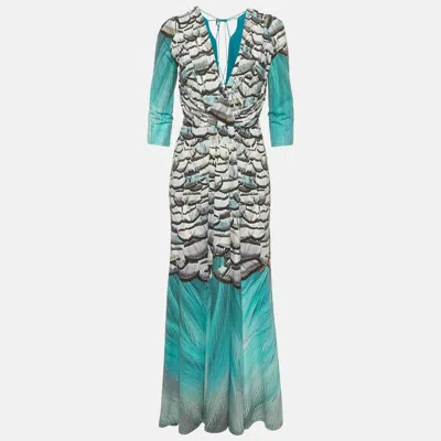 Pre-owned Roberto Cavalli Blue Printed Jersey Maxi Dress L
