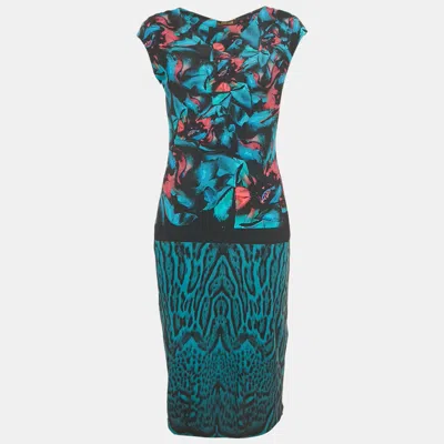 Pre-owned Roberto Cavalli Blue Printed Jersey Midi Dress L