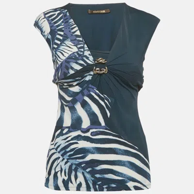 Pre-owned Roberto Cavalli Blue Printed Jersey Neck Detail Top S