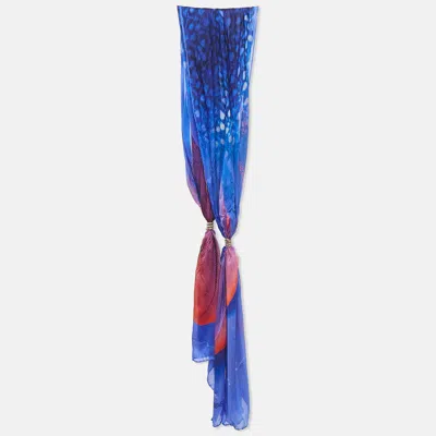 Roberto Cavalli Blue Printed Ring Embellished Silk Scarf In Brown