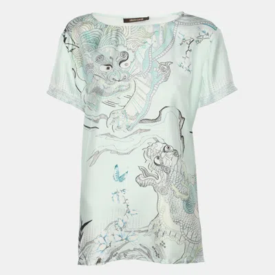 Pre-owned Roberto Cavalli Blue Printed Silk Top L