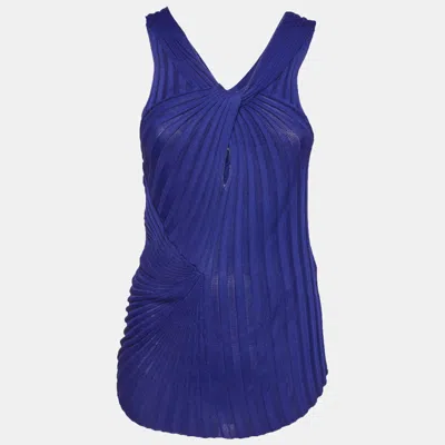 Pre-owned Roberto Cavalli Blue Rib Knit Twist Front Top M