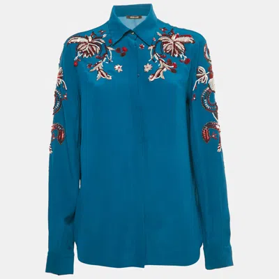 Pre-owned Roberto Cavalli Blue Sequin Embroidered Silk Shirt M