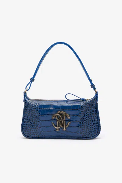 Roberto Cavalli Blue Shoulder Bag With Mirror Snake Monogram