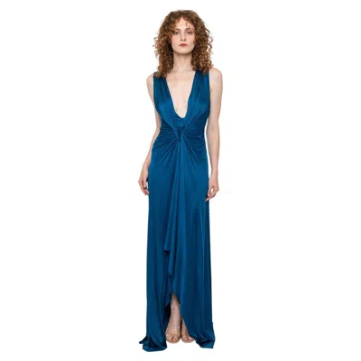 Pre-owned Roberto Cavalli Blue Silk Jersey Rhinestone Cross Back Gown