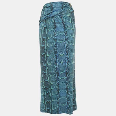 Pre-owned Roberto Cavalli Blue Snake Print Jersey Gathered Waist Maxi Skirt M
