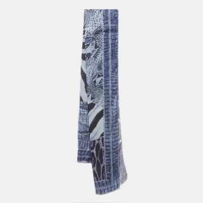 Pre-owned Roberto Cavalli Blue Snake Print Silk Metallic Stole