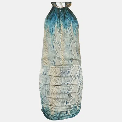 Pre-owned Roberto Cavalli Blue Snakeskin Prinr Silk And Jersey Ruche Mini Dress M