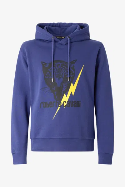 Roberto Cavalli Blue Sweatshirt With Jaguar And Lightning