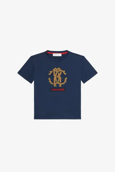 Roberto Cavalli Blue T-shirt With Rc Monogram And Logo