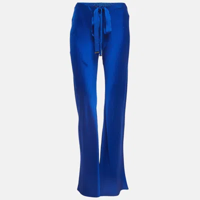 Pre-owned Roberto Cavalli Blue Textured Silk Flared Trousers S