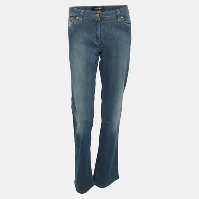 Pre-owned Roberto Cavalli Blue Washed Denim Wide Leg Stretch Jeans L