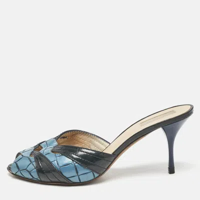 Pre-owned Roberto Cavalli Blue/black Croc Embossed And Vintage Leather Slide Sandals Size 38