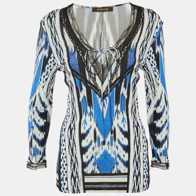 Pre-owned Roberto Cavalli Blue/black Printed Jersey Lace Detail Top M