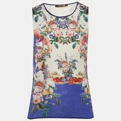 Pre-owned Roberto Cavalli Blue/cream Floral Print Silk Knit Tank Top M