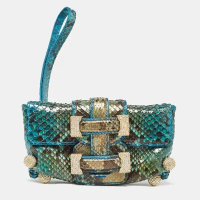 Pre-owned Roberto Cavalli Blue/green Python Mini Buckle Crystals Pouch