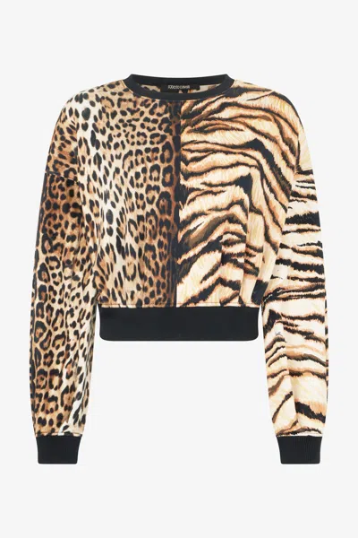 Roberto Cavalli Animalier Patchwork-print Cotton Sweatshirt In Light Brown