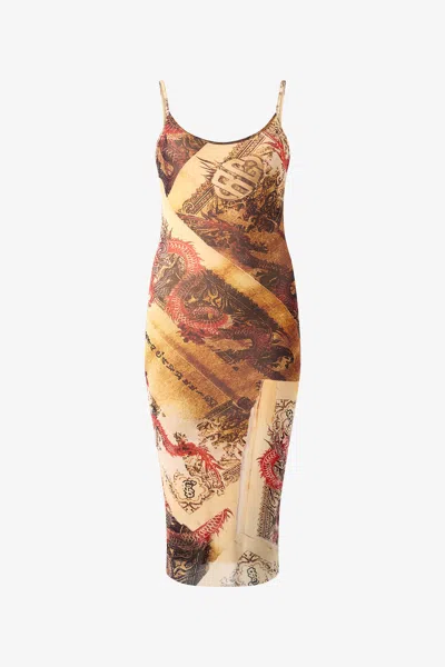 Roberto Cavalli Bodycon Dress With Oriental Print In Brown