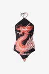 Roberto Cavalli Bodysuit With Dragon, Flowers And Fans In Multi