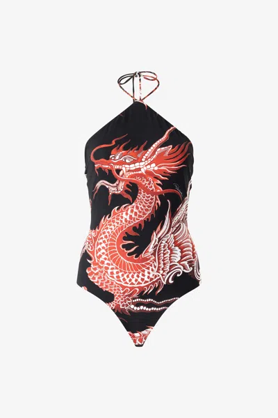 Roberto Cavalli Bodysuit With Dragon, Flowers And Fans In Multi