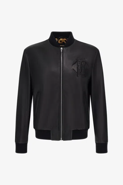 Roberto Cavalli Bomber Leather Jacket In Black