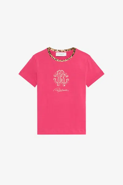 Roberto Cavalli Bougainvillea Fuchsia T-shirt With Rc Monogram In Pink