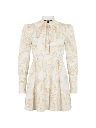 Roberto Cavalli Short Silk Dress With Ornamental Motif In White In Neutral