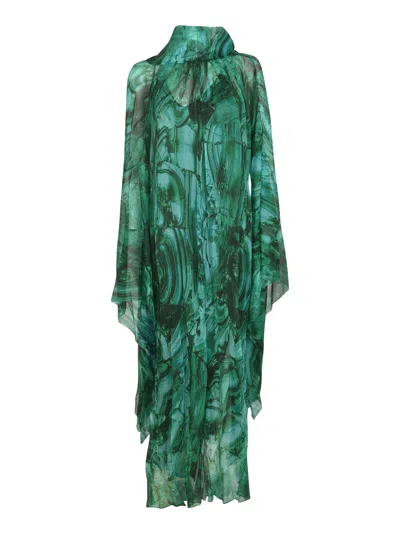 Roberto Cavalli Bow Detail V-neck Asymmetric Long Dress In Green