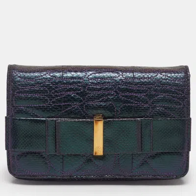 Pre-owned Roberto Cavalli Bow Flap Iridescent Purple Karung Leather Clutch