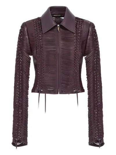 Roberto Cavalli Braided Leather Bomber Jacket In Brown