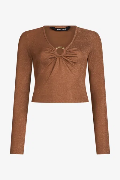 Roberto Cavalli Bronze Lurex Crop Top With Ring Detail In Brown