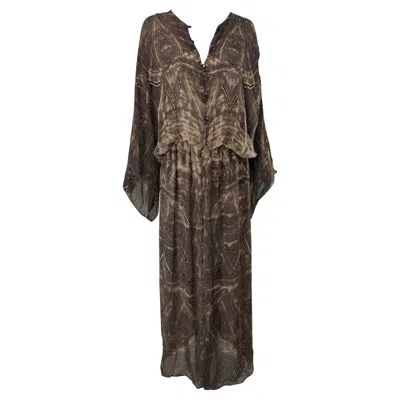 Pre-owned Roberto Cavalli Brown & Cream Silk Print Kimono Sleeve Hem Vent Maxi Dress 1980s In White