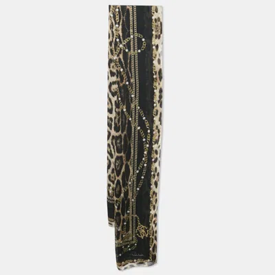 Pre-owned Roberto Cavalli Brown Chain/leopard Print Silk Scarf