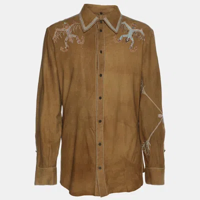 Pre-owned Roberto Cavalli Brown Embroidered Suede Button Front Shirt M